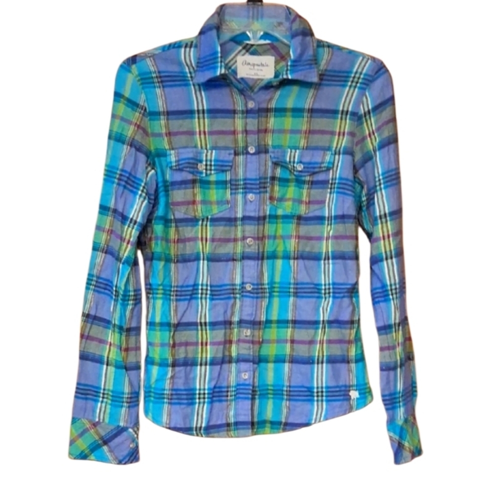 Aeropostale Vibrant Aqua And Purple Plaid Flannel Shirt Size Midium